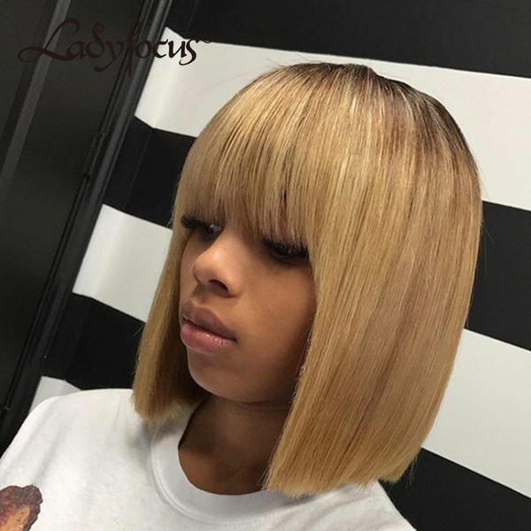 Bob Wig With Bang Ombre 1B 27 Glueless Full Lace Wig With Baby Hair Straight Lace Front Human Hair Wigs For Black Women