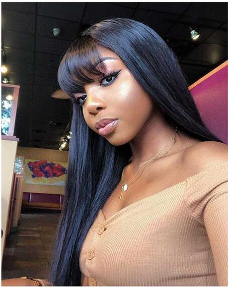 Glueless Lace Front Wigs 180% Density Brazilian Virgin Human Hair Yaki Straight With Full Bangs Lace Wig For American