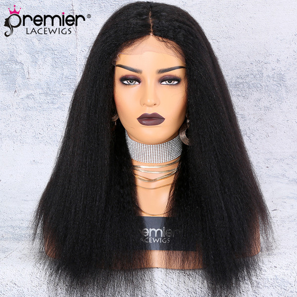 PREMIER Lace Wig Silk Base Middle Part Kinky Straight 130% Density 100 Brazilian Remy Hair Wigs