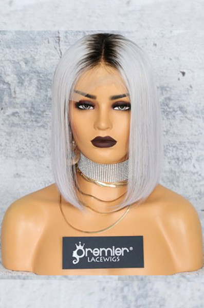 Human Hair Lace Front Wigs Ombre Gray Brazilian Remy Hair Silk Straight With Preplucked Bleached Knots Natural Hairline