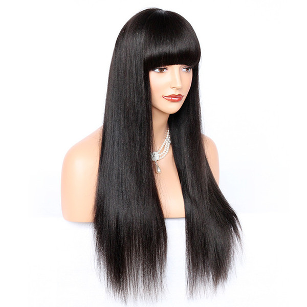 Glueless Lace Front Wigs 180% Density Brazilian Remy Human Hair Yaki Straight With Full Bangs Lace Wig For American