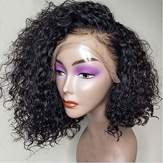 Cheap Water wave curly bob lace front human hair wig for black women ,short side part glueless 360 lace wig 130% 10inch