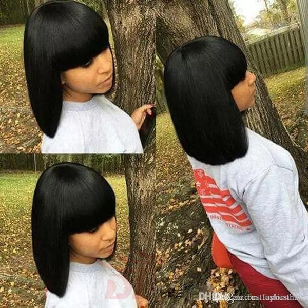 Short Human Hair Wig With Bang Unprocessed Virgin Brazilian Straight Glueless Full Lace Human Hair Short Wigs For Black Women