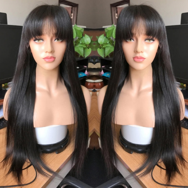 Human Hair Wigs With Bangs Silk Straight Virgin Brazilian Remy Hair Glueless Pre Plucked Hairline Full Lace Front Wig For Black Women