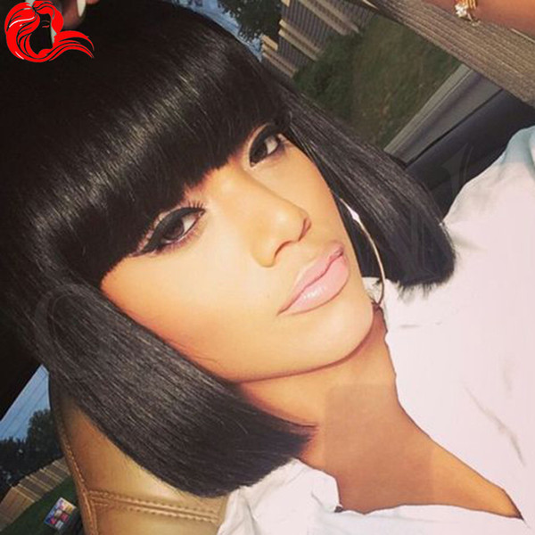 Short Human Hair Wigs Bob Style Straight Peruvian Virgin Hair For Black Women Glueless Lace Front Bob Wigs With Bangs