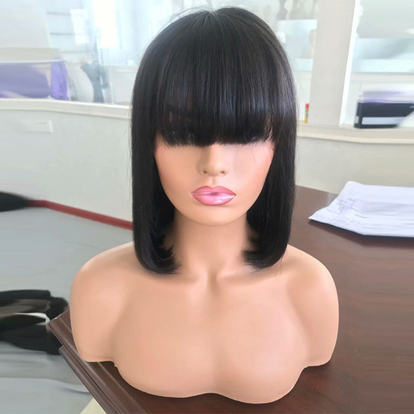 Short Bob Human Hair Wigs With Bangs For Black Women Lacefront Wig Human Glueless Virgin Peruvian Full Lace Front Bob Wigs