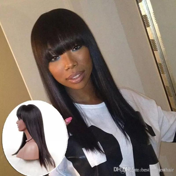 Full Lace Human Hair Wigs With Bangs Long Black Silky Straight Virgin Brazilian Human Hair Lace Front Wigs Glueless Bleached Knots