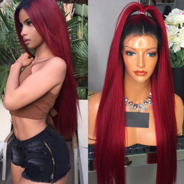 Red Human Hair Lace Front Wig Ombre Dark Root Glueless Pre Plucked Peruvian Virgin Hair 99j Burgundy Full Lace Wigs For White Women