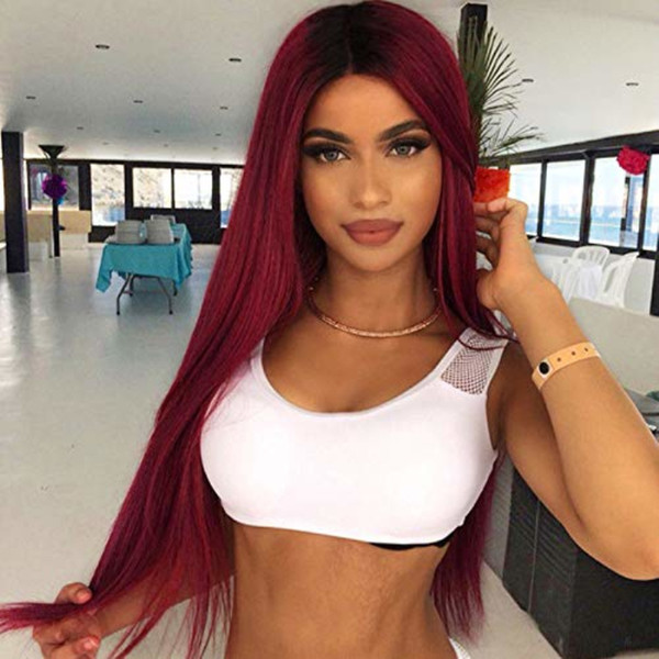 Brazilian Ombre Lace Front Wigs Red Dark Root Long Straight Burgundy Two Tone Pre Plucked Full Lace Human Hair Wig For Black Women