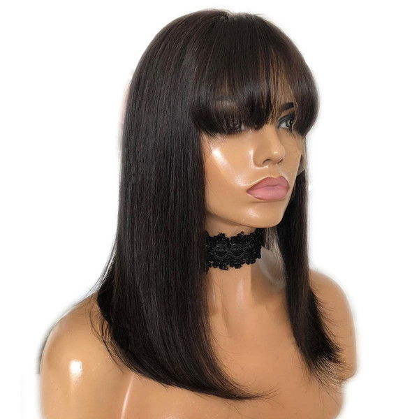 Human Hair Lace Wigs Silk Top For Black Women Virgin Brazilian Hair Glueless Silk Base Full Lace Straight Human Hair Wigs With Bangs