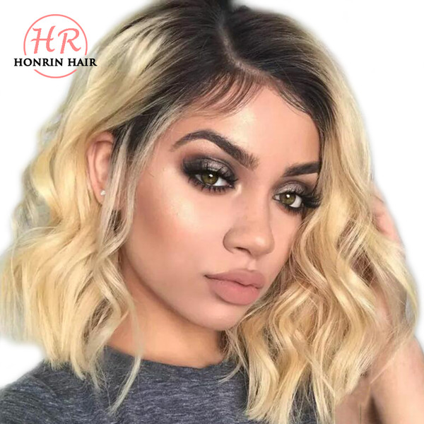 Honrin Hair Ombre Blonde Color T1b/613 Natural Wave Full Lace Wig Short Wavy Brazilian Virgin Human Hair Pre Plucked Lace Front Wig