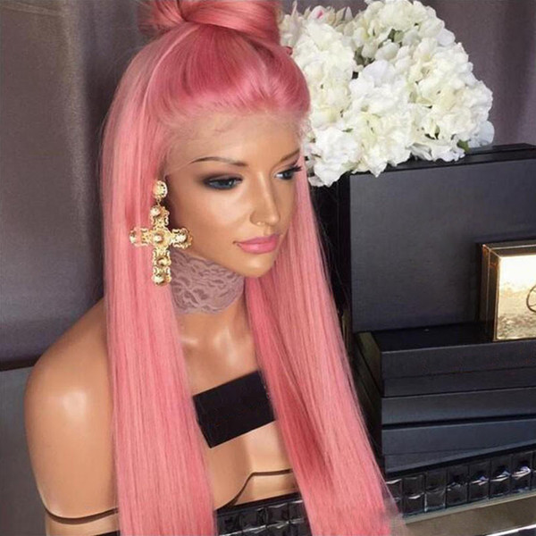 Pure Pink Full Lace Human Hair Wigs Silky Straight Brazilian Virgin Human Hair 150 Density Lace Front wig With Baby Hair Glueless