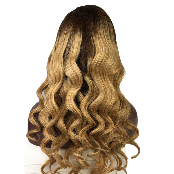 Full Lace Human Hair Wigs Wavy Ombre Two Tone Brazilian Virgin Hair 130 Density 150 Density Natural Hairline Lace Front Wigs Bleached Knots