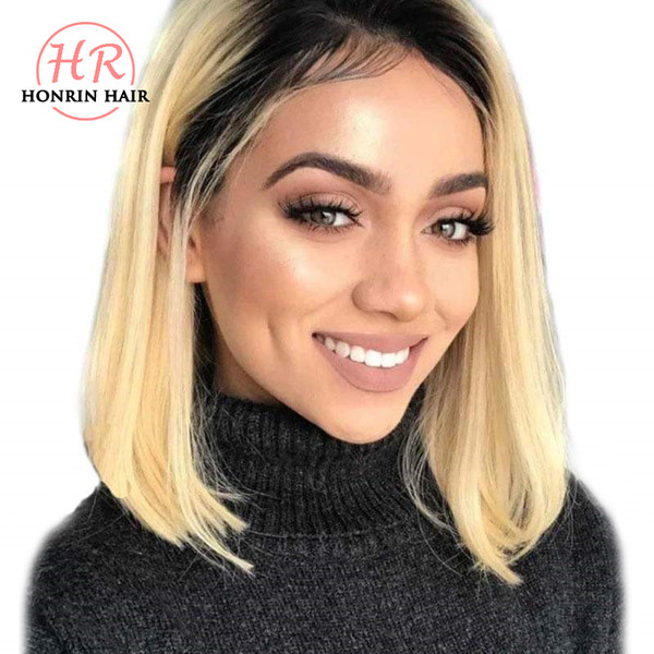 Honrin Hair Blonde Ombre T4/613 Short Bob Lace Front Wig T1b/613 Brazilian Virgin Human Hair Pre Plucked Hairline Full Lace Wig