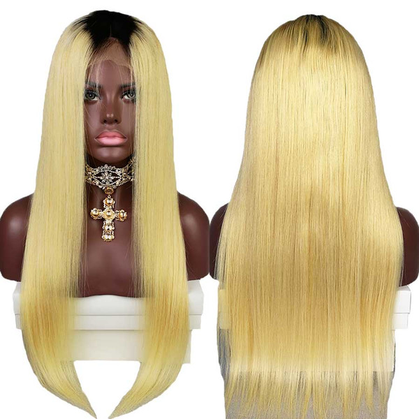 Full Lace Human Hair wigs Silky Straight Ombre T1B/613 Brazilian Virgin Hair 150 Density Bleached Knots Lace Front Wigs Glueless