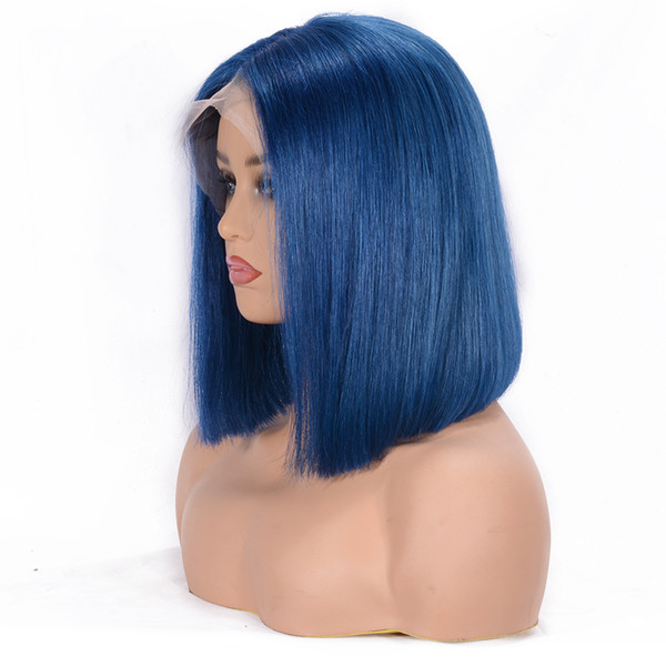 Full Lace Human Hair Wigs For Women Natural Black Blue color Remy Hair Silky Straight Short Bob Lace Front human hair Wigs