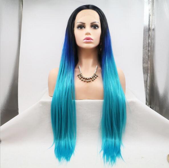 Premier Affodable Lace Front Wigs Black Blue Green Ombre Color High Temperature Synthetic Hair Wigs Long Silky Straight Hairstyle