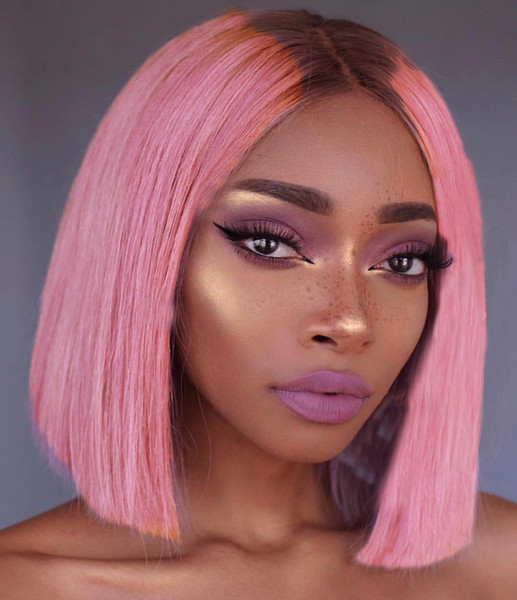 12a Human Hair Lace Front Wigs Ombre Pink Color Brazilian Remy Hair Bob Haircut With Preplucked Bleached Knots Natural Hairline