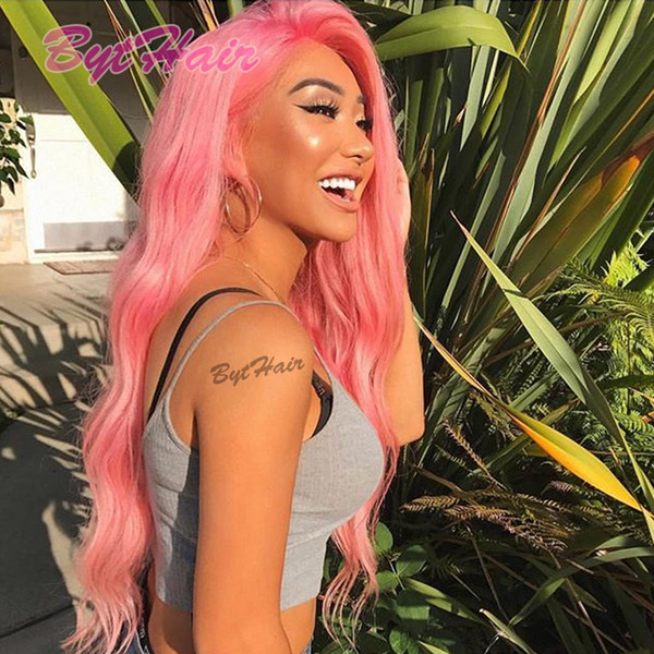 Bythair Glueless Full Lace Human Hair Wigs Pure Pink Color Brazilian Virgin Human Hair Wavy Lace Front Wig With Baby Hair