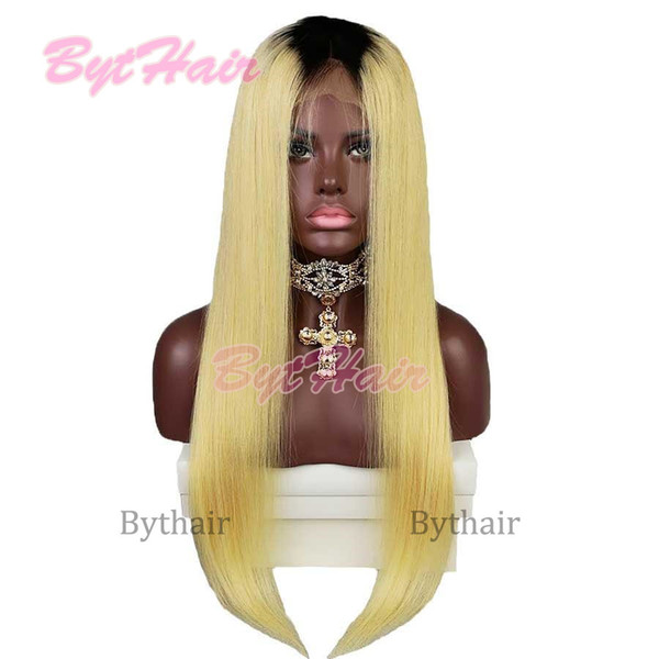 Bythair Ombre Blonde #1B #613 Silky Straight Human Hair Full Lace Wig Remy Hair 150% Density Front Lace Wig With Dark Roots