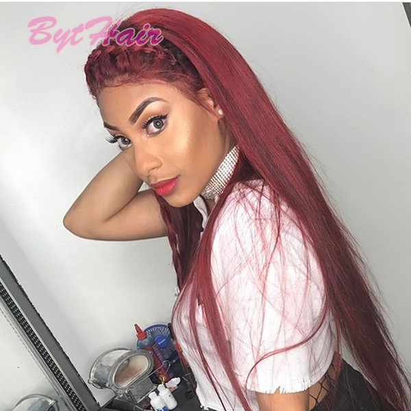 Bythair Red Burgundy Color Human Hair Full Lace Wig Silky Straight Virgin Brazilian 99J Lace Front Wigs Free Part