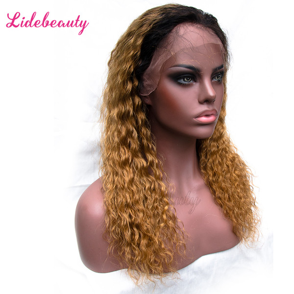 Brazilian Virgin Hair Ombre Honey Blonde T#1B/27 Lace Front Wigs Loose Curl Curly Full Lace Human Hair Wigs 150% Density Pre-Plucked Wig