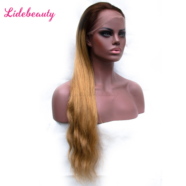 Ombre Honey Blonde 1B/27 Natural Straight Lace Front Wigs Baby Hair Virgin Brazilian Full Lace Human Hair Wigs 130% Density Pre-Plucked Wigs