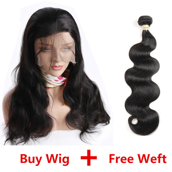 Pre Plucked Lace Front Wigs with Baby Hair Body Wave Human Hair Wigs for Black Women + 1Bundle Weft Brazilian Hair Wig 130 Density Soft Wave