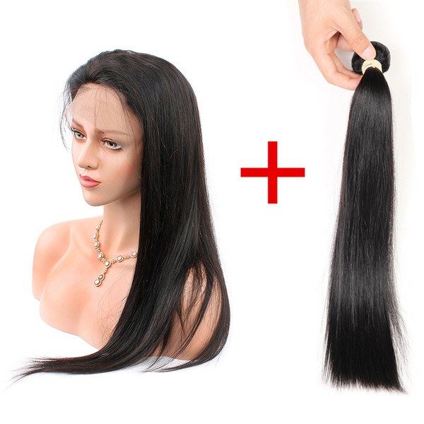 Pre Plucked Lace Front Wigs with Baby Hair Straight Human Hair Wigs for Black Women + 1 Bundle Weft Brazilian Hair Wig 130 Density Soft Wave