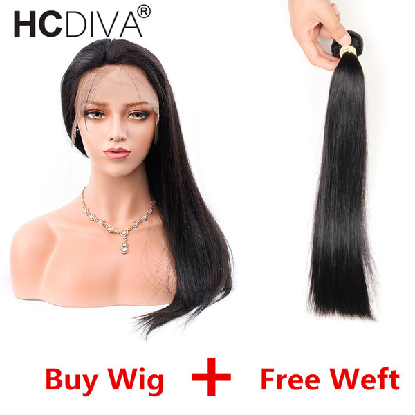 Pre Plucked Lace Front Wigs with Baby Hair Straight Human Hair Wigs for Black Women + 1 Bundle Weft Peruvian Hair Wigs 130 Density Soft Wave