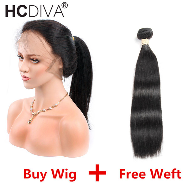 Lace Front Human Hair Wigs For Black Woman ADD a Weft for Free 130% Density Brazilian Straight Human Hair Lace Frontal Wigs with Bundle