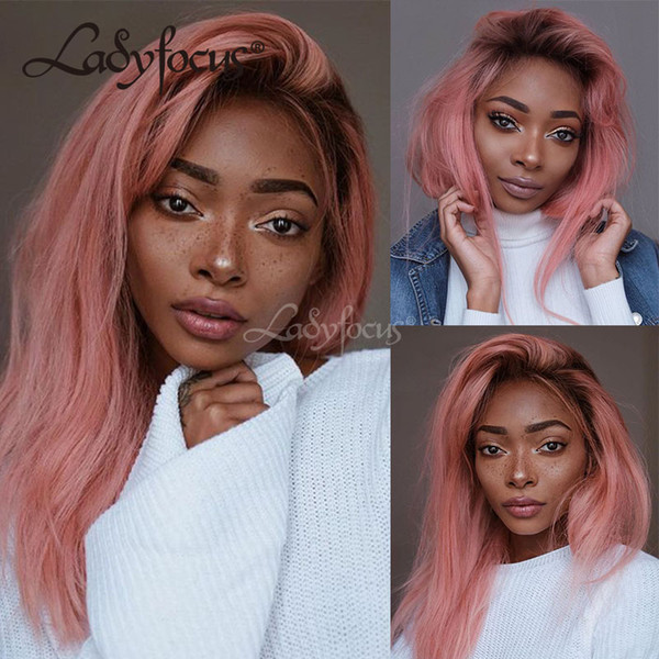 Pink Wig PrePlucked Full Lace Human Hair Wigs Ombre Pink Lace Front Wig 130% Density Dark Roots With Baby Hair For Black Women