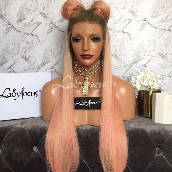 Lady Focus Pink Full Lace Wigs Pre Plucked With Baby Hair Straight Lace Front Wig Virgin Human Hair Ombre Light Pink Wig