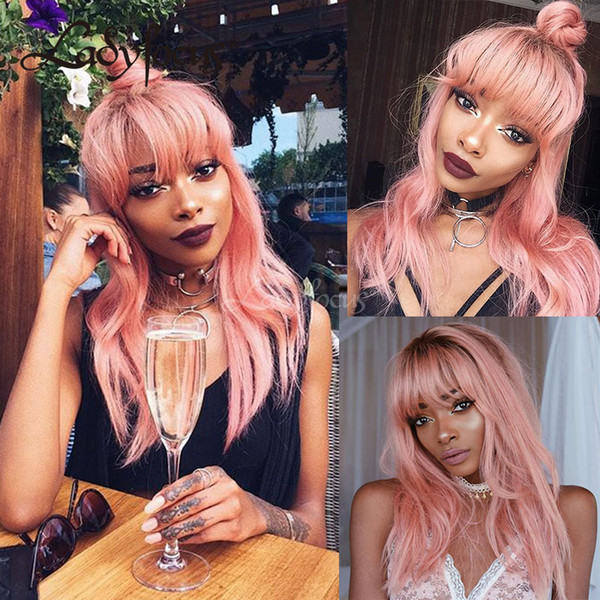 Pink Wig With Bangs Glueless Full Lace Human Hair Wigs Ombre Pink Lace Front Wig 130% Density Dark Roots For Black Women