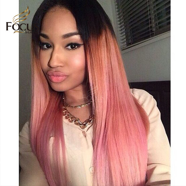 Pink Wig Full Lace Human Hair Wigs 1B Pink Two Tone Dark Roots Lace Front Wig 130% Density With Baby Hair