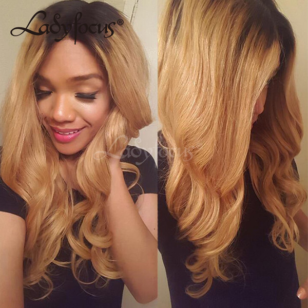 1B 27 Glueless Full Lace Human Hair Wigs Natural Wave Ombre Honey Blonde Brazilian Lace Front Wig With Baby Hair For Black Women