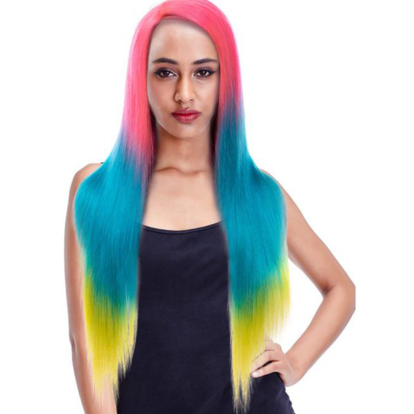 Brazilian Wigs Human Hair Lace Front Wigs 3 Tone Ombre TPink/Blue/Yellow Color Fairgreat Non Remy Straight Long Wigs 