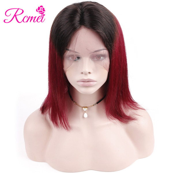 Rcmei Short Bob Wig 1B/Burdungy Lace Frontal Wigs Pre Plucked With Baby Hair Ombre Color Human Hair Wigs Brazilian Remy Hair 8-14inch