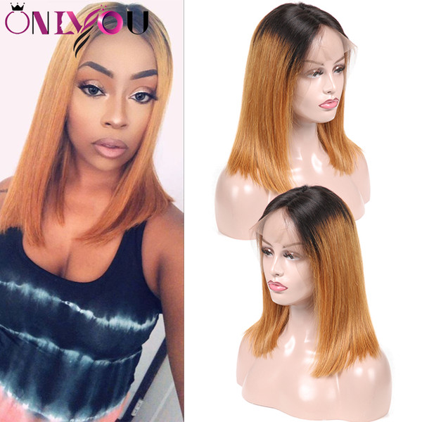 T1b/30 Ombre Short Bob Lace Front Wigs Straight 360 Full Lace Human Hair Wigs Bob Middle Part Side Part Remy Hair Wigs