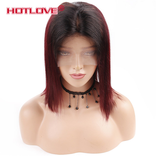 Two Tone Color Ombre T1B/99J Human Hair Wigs Brazilian Straight Short Bob Wigs Pre Plucked with Baby Hair 8-14 inch