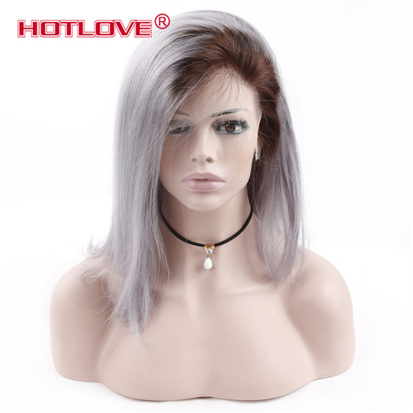 Peruvian Preplucked Lace Wig Ombre Grey Short Bob Human Wigs With Baby Hair Straight Weaves 150% Density Swiss Lace 8