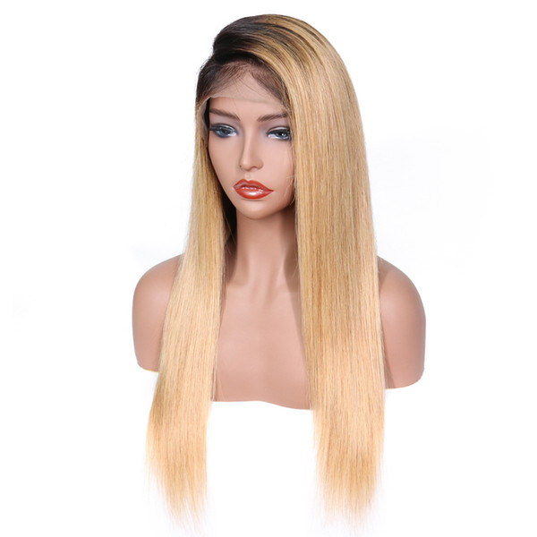 1bT#27 Glueless Full Lace Human Wig with Baby Hair Pre Plucked 150 Density Brazilian Remy Hair Ombre Blonde Human Hair Wigs