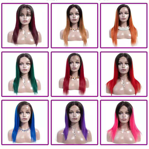 Brazilian Straight Hair Remy Wig 180% density Ombre Lace Front Human Hair Wigs Pink/Green/blue/burg/Orange Colored Wigs