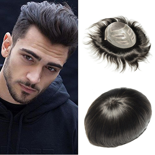 FreeStyle Human Hair Mens Toupee Fine Mono Center With Pu around Hairpieces Replacement System 10X8 inch Mens Wig