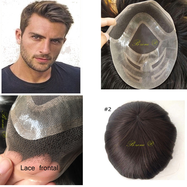 Human hair Mens Toupee Hairpiece 8x10 inch Mono on back swiss lace frontal and pu around