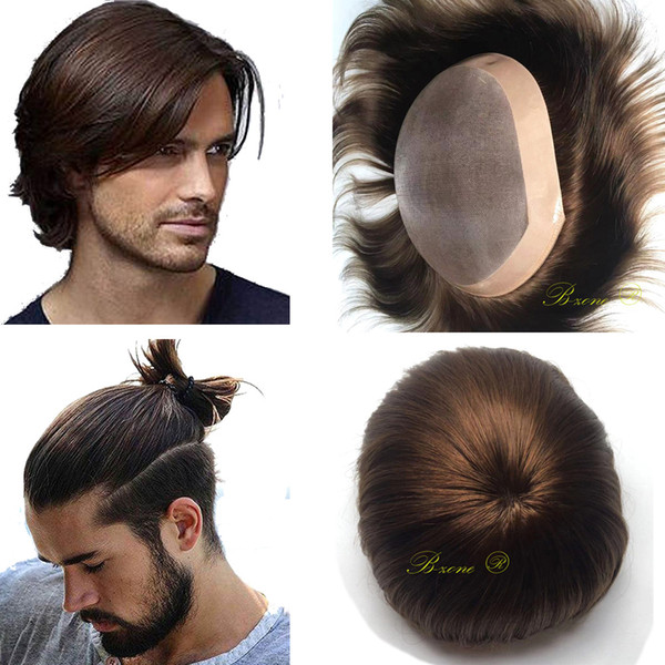 Mens toupee mono base with NPU around replacement 7x9/8x10 inch human hairpiece