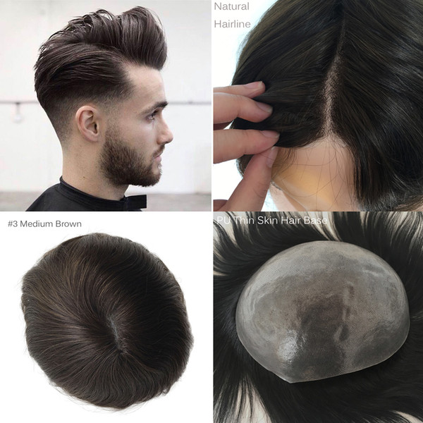 PU Toupee With Human Hair Natural Skin Base Hair Pieces for Men Hair Replacement 5 Colors Available