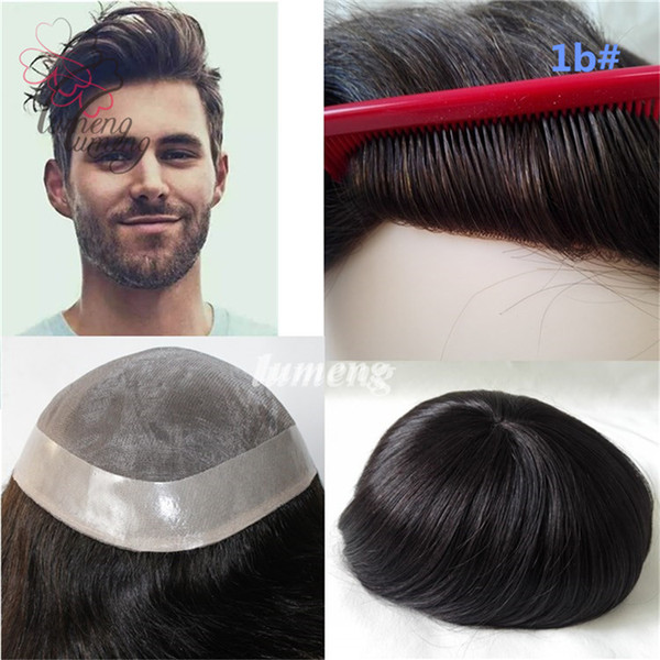 Mens Wigs Mono with NPU Base Human Hair Men Toupee Durable mens hair replacement system mens bald wig 1B Natural Black Color