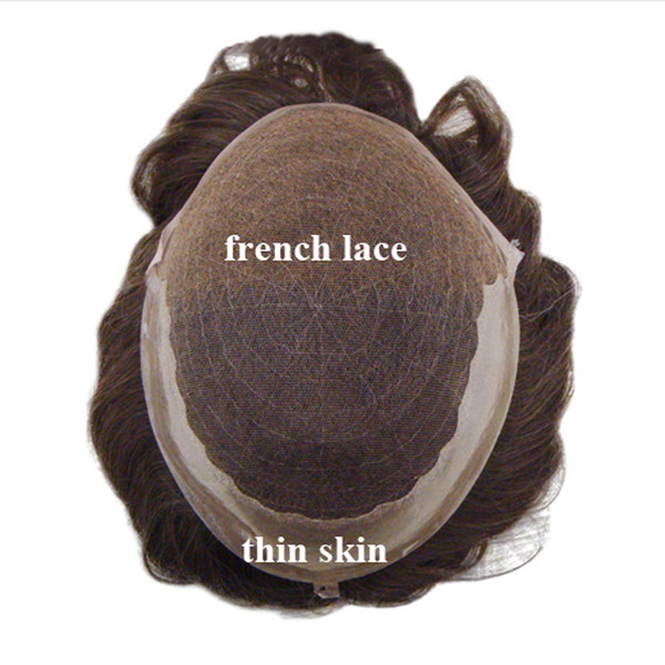 swiss lace / French laceh with skin (Pu) side and back, Q6 base stock hair men toupee ,hair system , replaceme 