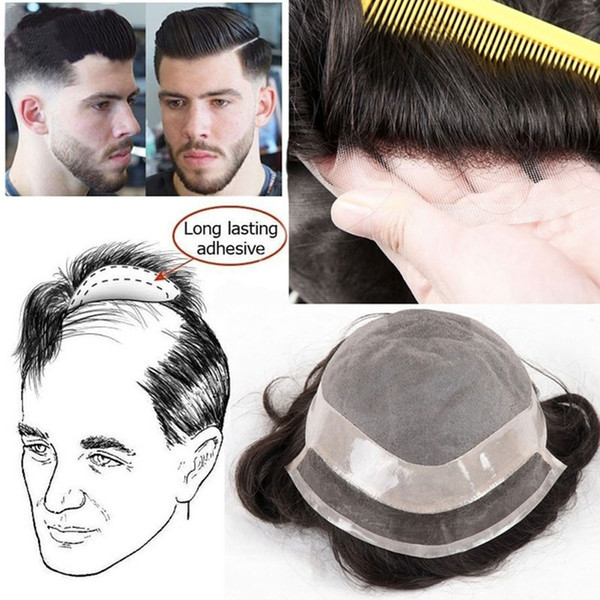 Men's Toupee Hair Replacement Human Hair Long Lasting Adhesive Hairpiece Swiss Lace Toupees System toupee for men